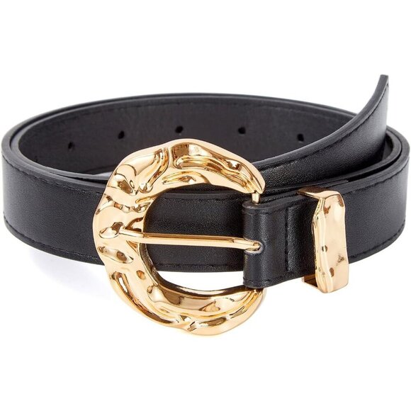 Women\'s Black Leather Belt For Pants Dresses Fashion Casual Waist Belt with Gold main image 4